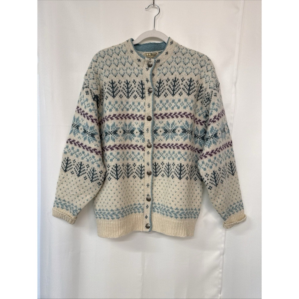 Vintage 90s L.L. Bean Fair Isle Cardigan Sweater Women's Sz L/XL Ivory Blue